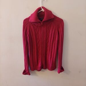 Red knit zip up sweater